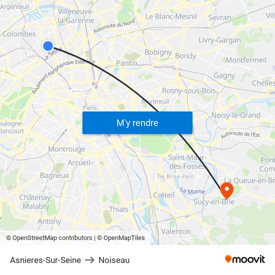 Asnieres-Sur-Seine to Noiseau map