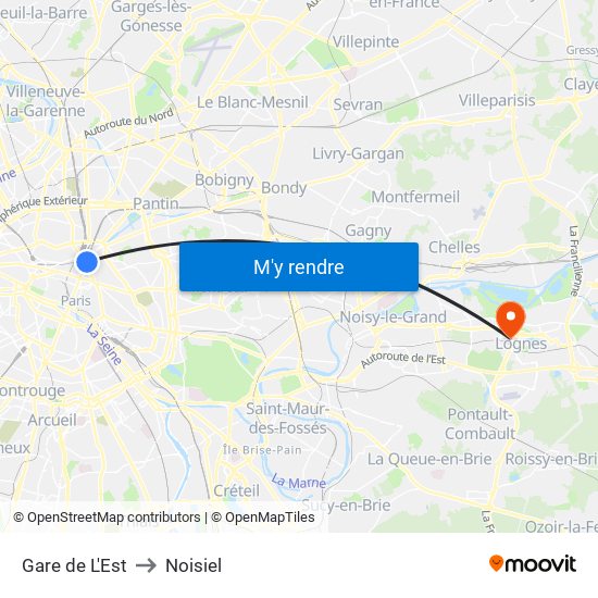 Gare de L'Est to Noisiel map
