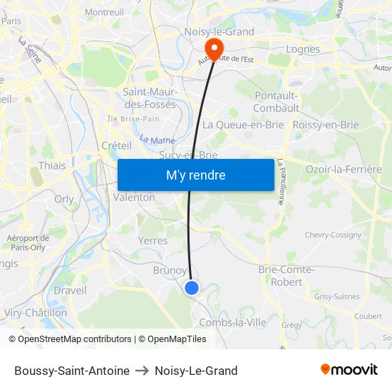 Boussy-Saint-Antoine to Noisy-Le-Grand map