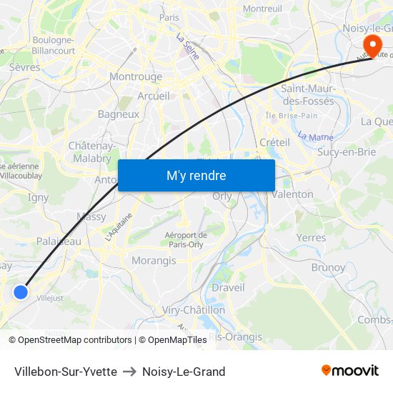 Villebon-Sur-Yvette to Noisy-Le-Grand map