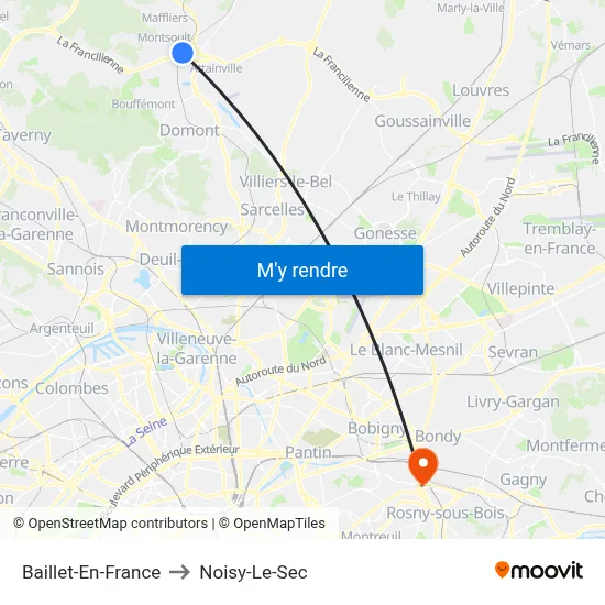 Baillet-En-France to Noisy-Le-Sec map