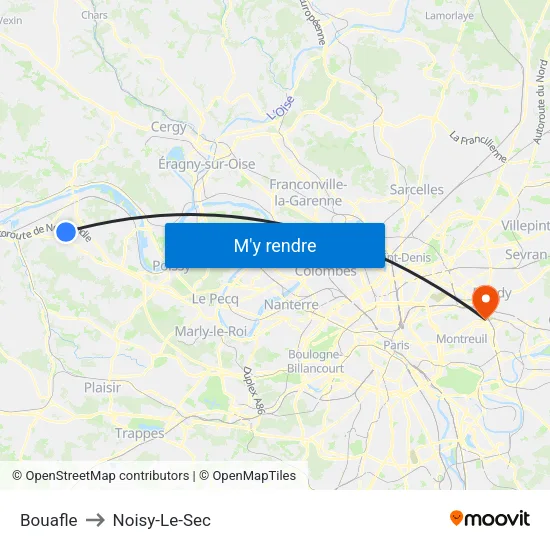 Bouafle to Noisy-Le-Sec map