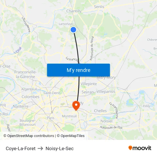 Coye-La-Foret to Noisy-Le-Sec map