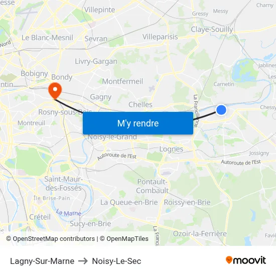 Lagny-Sur-Marne to Noisy-Le-Sec map