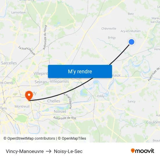 Vincy-Manoeuvre to Noisy-Le-Sec map