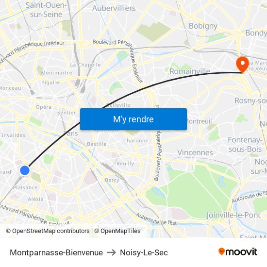 Montparnasse-Bienvenue to Noisy-Le-Sec map