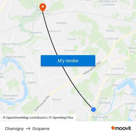 Chamigny to Ocquerre map