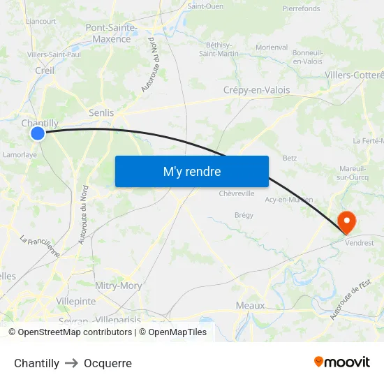 Chantilly to Ocquerre map