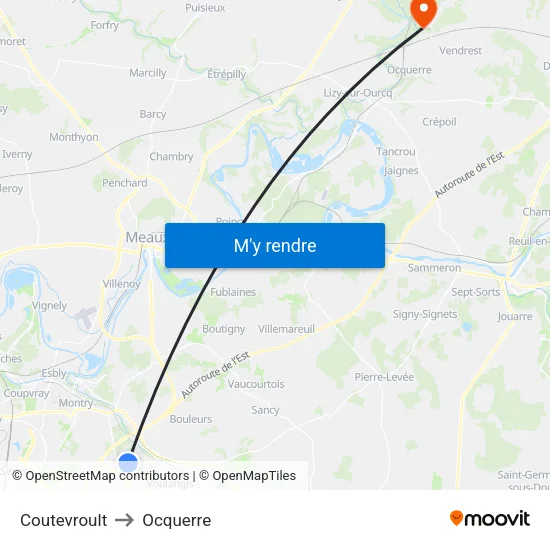 Coutevroult to Ocquerre map