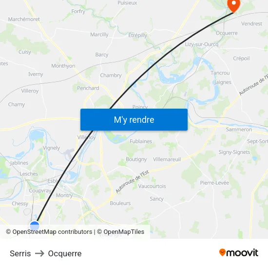 Serris to Ocquerre map