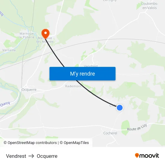 Vendrest to Ocquerre map