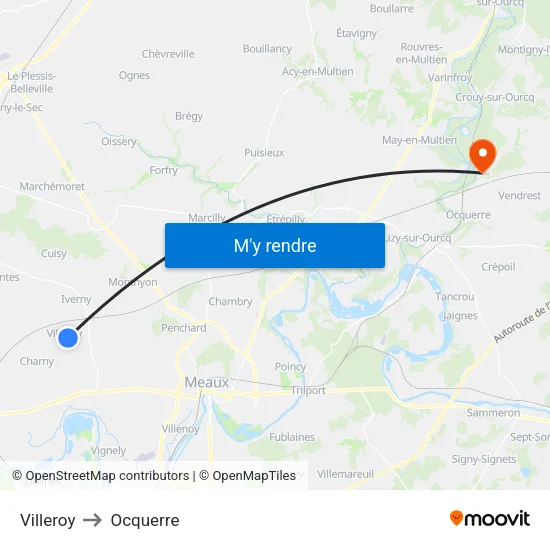 Villeroy to Ocquerre map