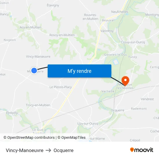 Vincy-Manoeuvre to Ocquerre map