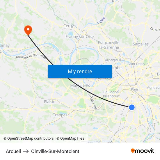 Arcueil to Oinville-Sur-Montcient map
