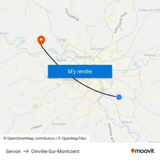 Servon to Oinville-Sur-Montcient map