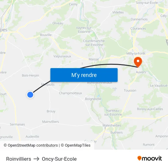 Roinvilliers to Oncy-Sur-Ecole map