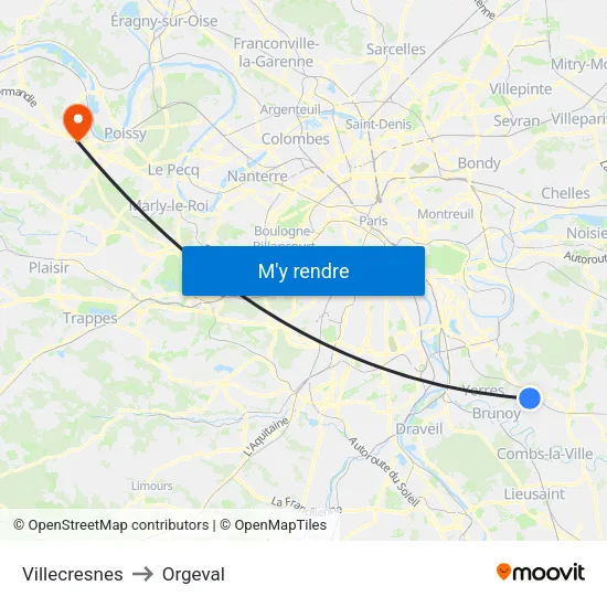 Villecresnes to Orgeval map