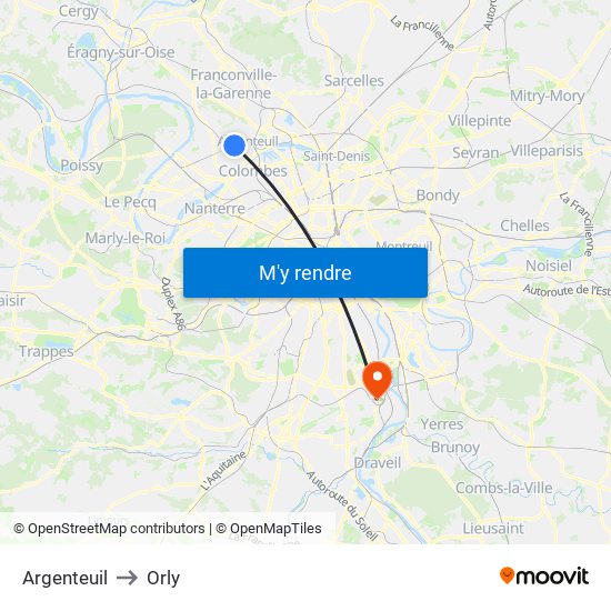 Argenteuil to Orly map