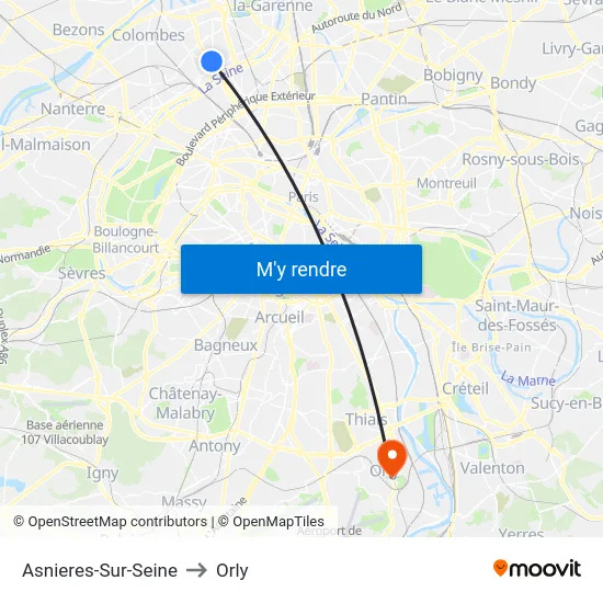 Asnieres-Sur-Seine to Orly map
