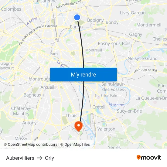 Aubervilliers to Orly map
