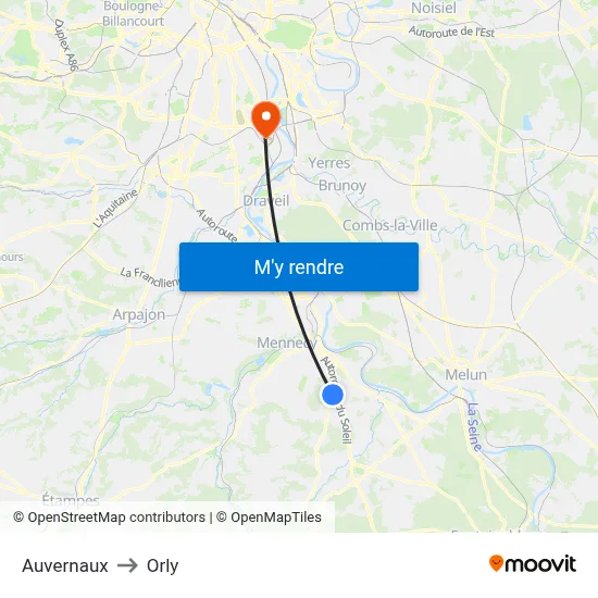 Auvernaux to Orly map