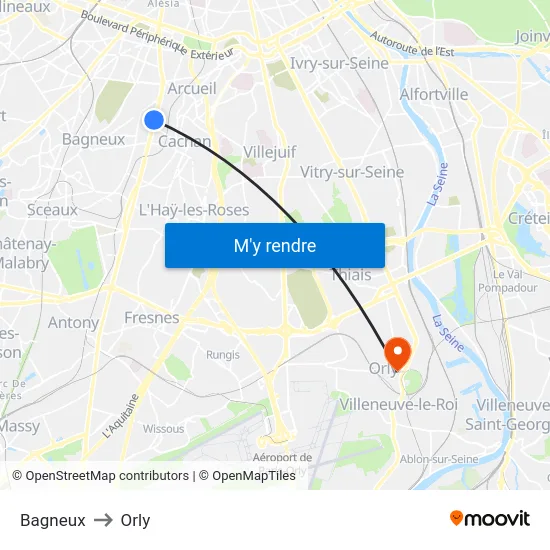 Bagneux to Orly map