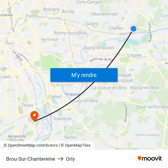Brou-Sur-Chantereine to Orly map