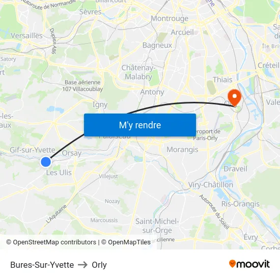 Bures-Sur-Yvette to Orly map