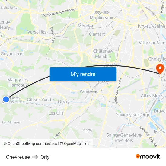 Chevreuse to Orly map