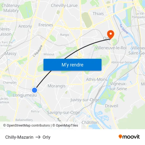 Chilly-Mazarin to Orly map