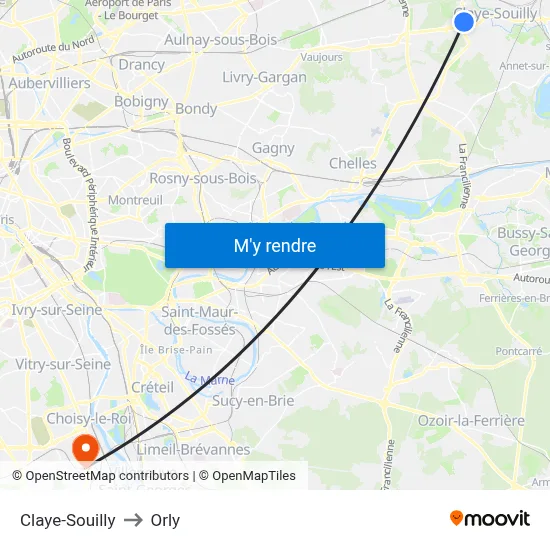 Claye-Souilly to Orly map
