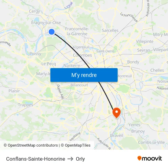 Conflans-Sainte-Honorine to Orly map