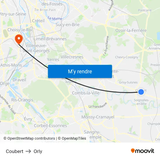 Coubert to Orly map