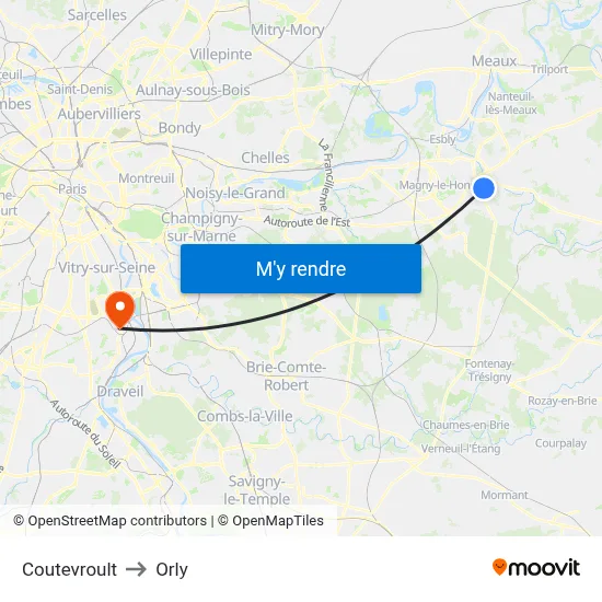Coutevroult to Orly map
