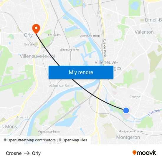 Crosne to Orly map