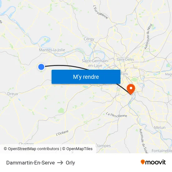 Dammartin-En-Serve to Orly map