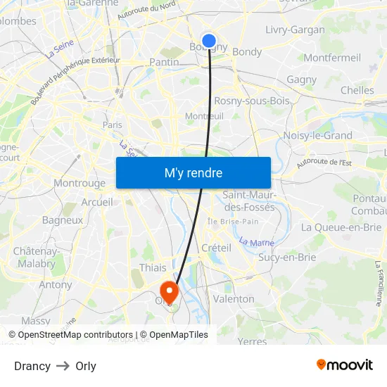 Drancy to Orly map