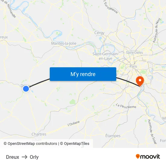 Dreux to Orly map
