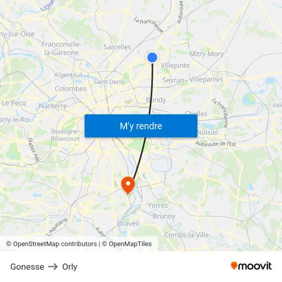 Gonesse to Orly map