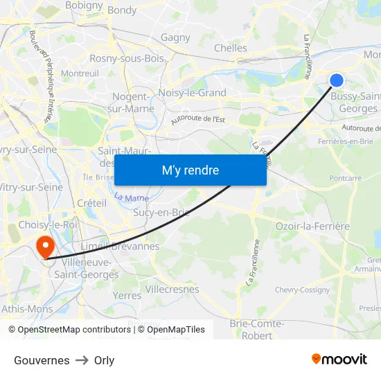 Gouvernes to Orly map