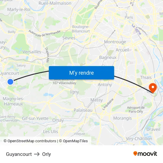 Guyancourt to Orly map