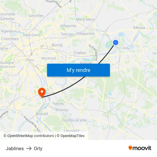 Jablines to Orly map