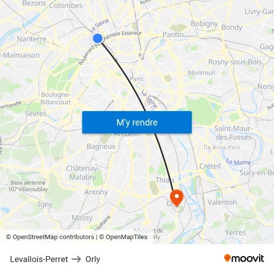 Levallois-Perret to Orly map