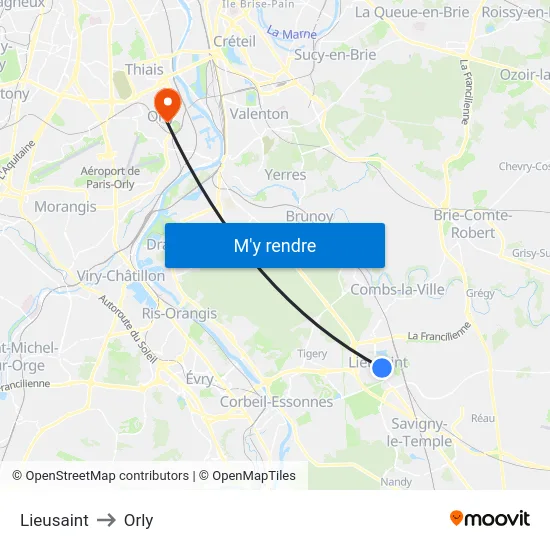 Lieusaint to Orly map