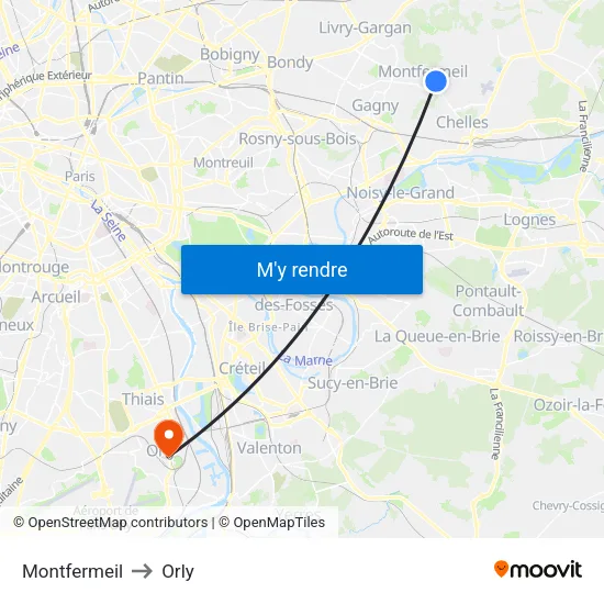 Montfermeil to Orly map