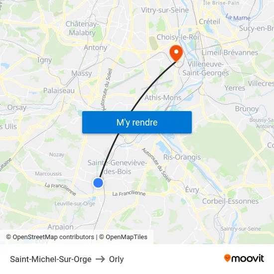 Saint-Michel-Sur-Orge to Orly map