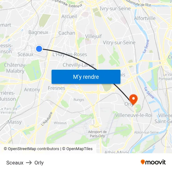Sceaux to Orly map