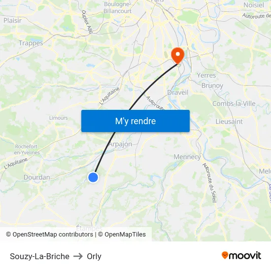Souzy-La-Briche to Orly map