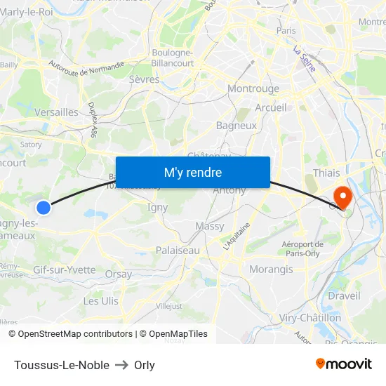 Toussus-Le-Noble to Orly map