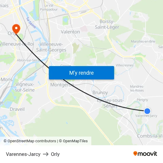 Varennes-Jarcy to Orly map